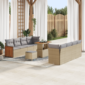 vidaXL 11-Delt Hagesofa Sett med Puter Beige Poly Rattan Akasie