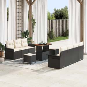 vidaXL 10-delt hagesofa-sett med puter svart poly-rotting akacia