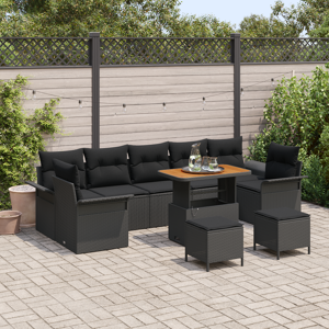 vidaXL 10-delt Hagesofa Sett med Puter Svart Poly Rattan Akacia
