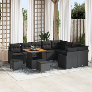 vidaXL 12 Delers Hagesofa Set med Puter Svart Poly Rottning Acacia