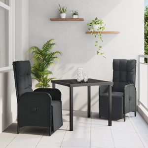 vidaXL 3 Delt Hage Spisestol Set med Puter Svart Poly Rattan