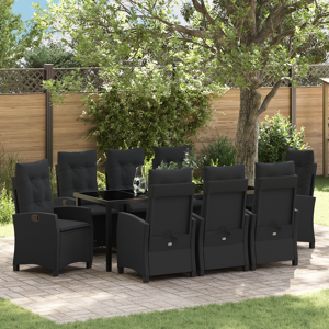 vidaXL 9-delt hagespisesett med puter - Svart poly rattan