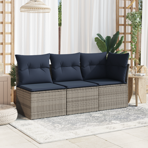 vidaXL Hagesofa med Puter 3-seter Grå Poly Rattan