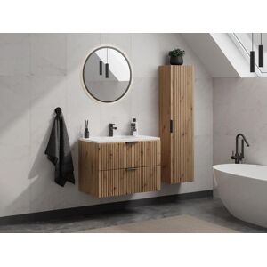 Vente-unique Móvel de casa de banho suspenso estriado com lavatório de encastrar e coluna cor natural clara 80 cm - ZEVARA