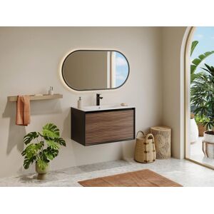 Vente-unique Móvel de casa de banho suspenso estriado com lavatório de encastrar, cor natural escuro e preto 80 cm - BANIVA