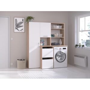 Vente-unique Móvel para máquina de lavar com prateleiras, armários e coluna de arrumação natural claro e branco C156 x A184 cm - ERKANO