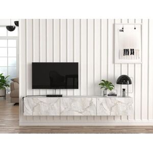 Vente-unique Móvel de TV suspenso com 3 portas efeito mármore branco - VIKILA