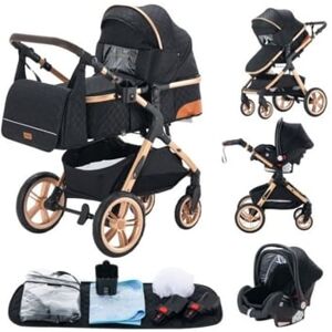 Yazoco Carrinho de bebê 3 em 1 com berço e cadeirinha, até 15 kg, preto dourado