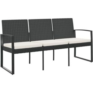 Vidaxl Banco de jardim de 3 lugares com almofadões vime PP preto