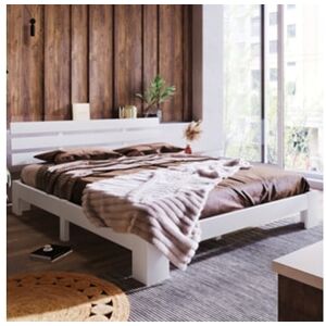 Ehstmind Cama de Casal com Cabeceira Ripas Pode Usada Madeira Maciça Branco (200x140cm)