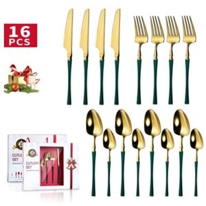 Chrui Conjunto de Talheres de 16 Peças para 4 Talheres de Aço Inoxidável para Casa Cozinha Lavável na Máquina de Lavar Louça Ouro Verde