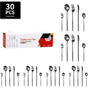Chrui Conjunto de Talheres 30 Peças Conjunto de Talheres de Aço Inoxidável Preto Fosco Lavável na Máquina de Lavar Louça Preto