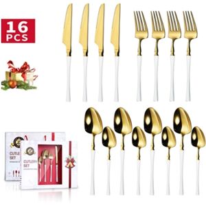 Chrui Conjunto de Talheres de 16 Peças para 4 Talheres de Aço Inoxidável para Casa Cozinha Lavável na Máquina de Lavar Louça Platina Ouro