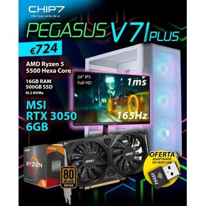 COMPUTADOR GAMING - AMD Ryzen 5 5500 / RTX 3050 6GB / 16GB RAM / 500GB SSD / Monitor Philips 24M1N3200ZA/00 23.8" Full HD 165Hz 1ms - CHIP7 PEGASUS V71 Plus Powered by MSI