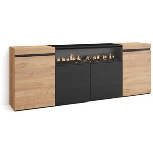 Skraut Home Aparador sala de jantar, 200x75x35cm, 4 Portas, Lareira eléctrica, Carvahlo e preto