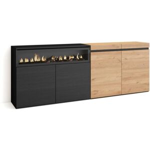 Skraut Home Aparador sala de jantar, 200x75x35cm, 4 Portas, Lareira eléctrica, Carvahlo e preto