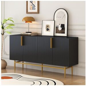 Merax Aparador 4 portas canelado - madeira MDF e pés em metal dourado - estilo moderno - cor preta - 150 x 40 x 86 cm