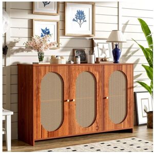 Merax Aparador moderno com 3 portas em imitação rattan - 125 x 38 x 78 cm - Madeira MDF - Nogueira