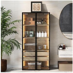 Merax Móveis de banheiro com LEDs - 74 x 36 x 155 cm - 2 gavetas grandes e 2 portas de vidro - Madeira MDF - natural