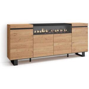 Skraut Home Aparador sala de jantar, 200x87x35cm, 4 Portas, Lareira eléctrica, Design industrial, Carvahlo e preto