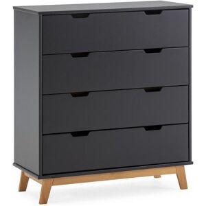 VS Venta-stock Cômoda de Noite Miranda de 4 gavetas Antracite, MDF Lacado, Pernas de Madeira e corrediças metálicas.