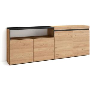 Skraut Home Aparador sala de jantar, 200x75x35cm, 4 Portas, Armário arrumação, Carvahlo e preto