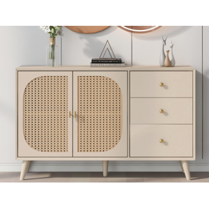 Merax Aparador com 2 portas e 3 gavetas em painéis de partículas - efeito rattan - cor branco creme