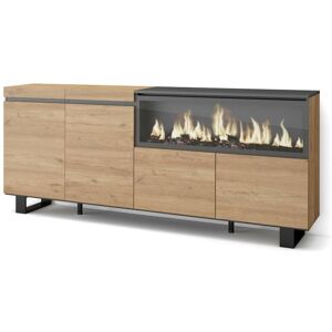 Skraut Home Aparador sala de jantar, 210, 4 Portas, Lareira eléctrica XXL, Design industrial, Carvahlo