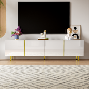 Merax Móvel de TV moderno com 4 portas - 170 x 35 x 46 cm - Madeira MDF - Branco brilhante e dourado