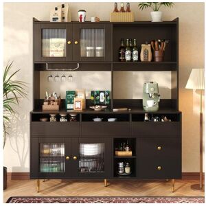 Merax Aparador de cozinha com 4 portas de vidro, 5 gavetas e compartimento aberto - 145 x 39 x 171 cm - Madeira MDF - Preto