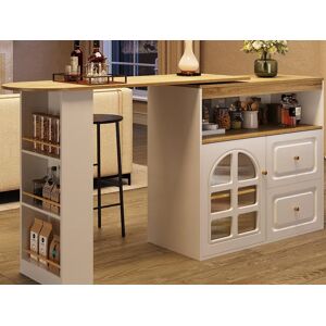 ModernLuxe Móvel de bar giratório 360° e retrátil - com 2 gavetas e 1 porta - prateleiras abertas - branco + natural