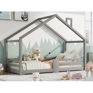 Merax Cama cabine infantil 90 x 200 cm - madeira maciça de pinho - barreira e base de ripas - cinza