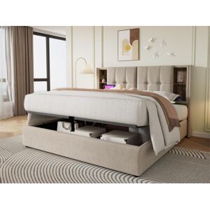 ModernLuxe Cama estofada com arrumação 140x200 cm - com carregamento sem fios e cabeça de arrumação - tecido de linho - Bege