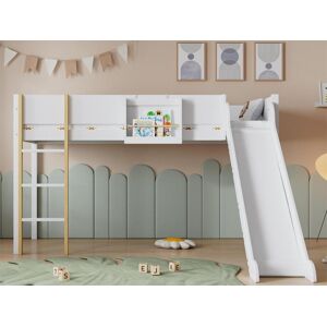 ModernLuxe Cama alta 90x200 cm com prateleiras removíveis - com escada e escorregador - em madeira de pinho e MDF - Branco