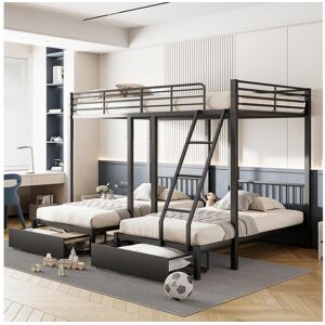 Merax Beliches triplos com 2 gavetas - cama de casal 140 x 200 cm e 2 camas de solteiro 90 x 200 cm - metal - preto