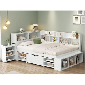 ModernLuxe Cama de MDF de 140x200 cm - com arrumação multifuncional e uma pequena estante removível - com base de ripas - Branco