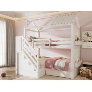 ModernLuxe Beliche infantil 90x200cm - com escada de arrumação + 2 gavetas + prateleiras - em madeira de pinho e MDF - Branco