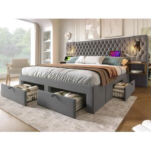 ModernLuxe Cama de adulto em veludo 160x200 cm - com 2 mesas de cabeceira e 4 gavetas - 2 luzes de leitura com tomada USB - Cinza (colchão não incluído)