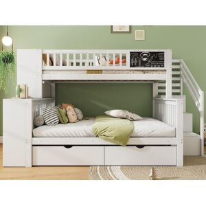 ModernLuxe Beliche 90x200cm + 140x200cm em madeira - com 2 gavetas, estante e escada de arrumação - Branco