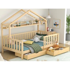 ModernLuxe Cama cabine em madeira maciça - 90x200cm - com 2 gavetas e prateleiras - Natural