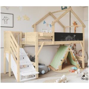 ModernLuxe Cama mezanino em madeira 90x200cm - com quadro preto e escada de arrumação - Natural