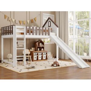 ModernLuxe Cama alta 90x200 cm com escada e escorrega - em madeira de pinho e MDF - Branco e Castanho