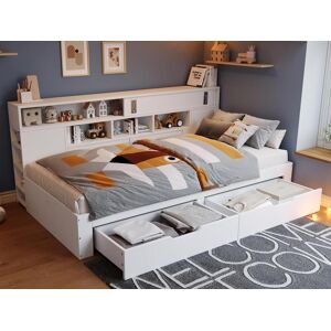ModernLuxe Cama banco 140x200 cm - com 2 gavetas - com prateleiras e armários de arrumação - MDF - Branco (sem colchão)