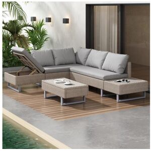 Conjunto de mobiliário de jardim com sofá de canto, mesa e almofadas para 4-5 pessoas, coberturas amovíveis, caqui
