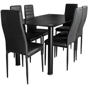 Saldosystocks Mesa de vidro temperado + 6 cadeiras em couro sintético. Sala de jantar ou cozinha