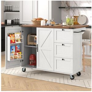 Merax Ilha de cozinha central móvel com 2 portas e 3 gavetas - tampo extensível - 140 x 45/73 x 92,5 cm - Madeira MDF + metal - Branco + natural