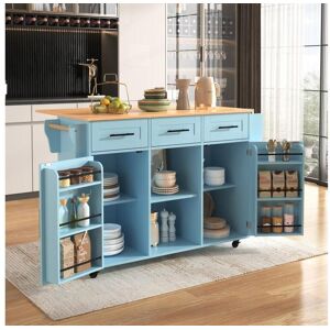 Merax Ilha central móvel de cozinha com 2 portas e 3 gavetas - tampo extensível - 129x46/71x91,5 cm - Madeira MDF + metal - Azul + natural