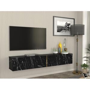 Vente-unique Móvel de TV suspenso com 2 portas efeito mármore preto - DINOMA