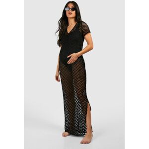 boohoo Maternity Crochet V Neck Maxi Beach Dress, Black 10