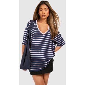 boohoo Short Sleeve V Neck Striped T-Shirt, Blue 6